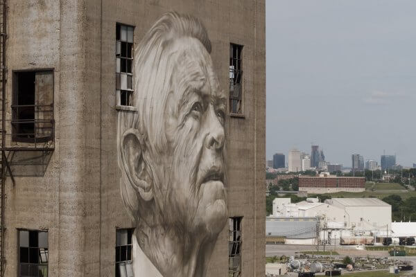 Guido Van Helten, Nashville Street Art Silo Mural, Nashville Walls Project 2017. Photo Credit Those Drones