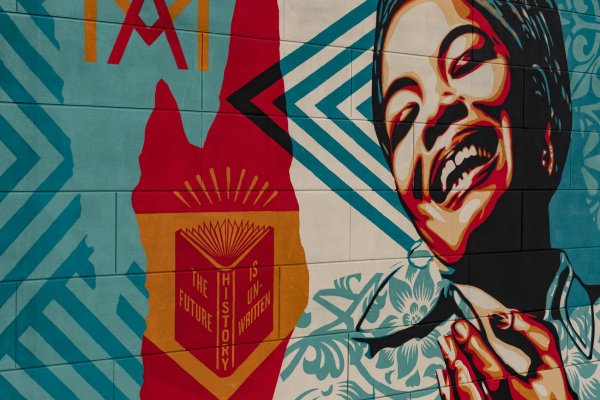 Shepard Fairey, Maya Angelou Mural Festival, Dr. Maya Angelou community School 2019. Photo Credit Jake Ross