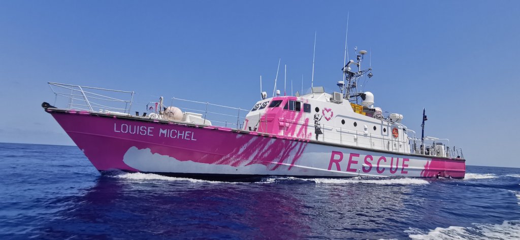 Banksy's rescue boat 'MV Louise Michel' saving lives of refugees in the Mediterranean. Photo courtesy of Louise Michel 2020