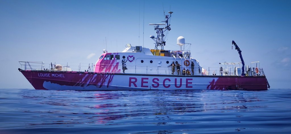 Banksy's rescue boat 'MV Louise Michel' saving lives of refugees in the Mediterranean. Photo courtesy of Louise Michel 2020