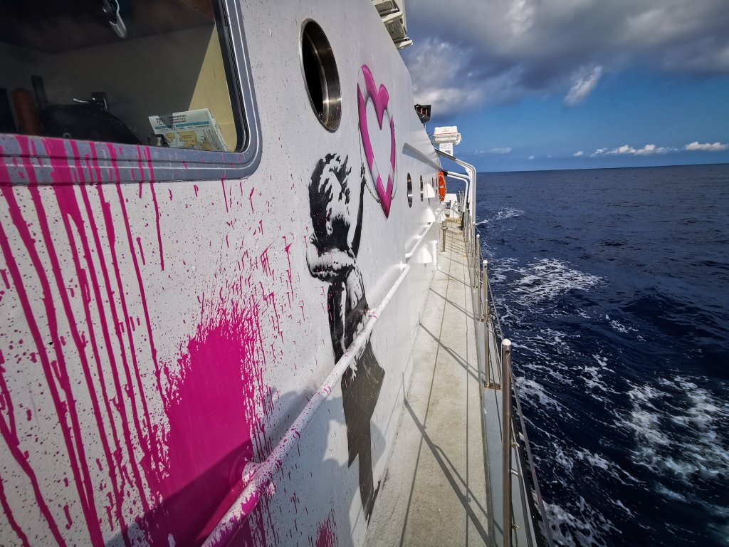 Banksy's rescue boat 'MV Louise Michel' saving lives of refugees in the Mediterranean. Photo courtesy of Louise Michel 2020