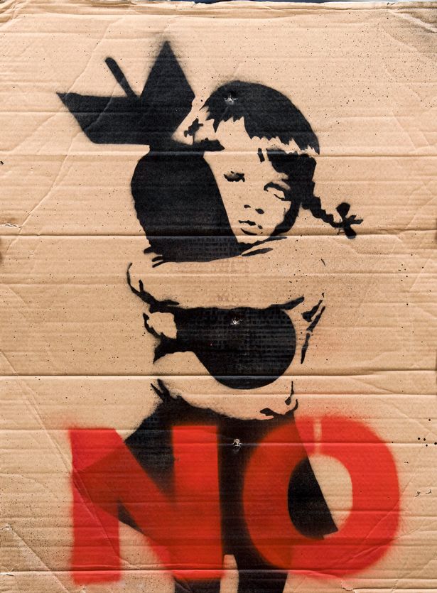 Banksy NO, Bomb Love, Anti War Placard. Image © Rowleys