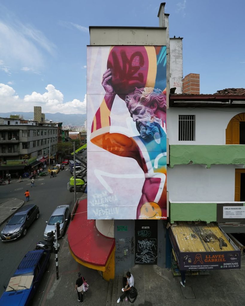 PichiAvo Atlas street art mural Medellin city view